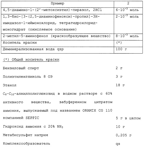 Красящая композиция, содержащая окисляемое основание диаминопиразольного типа, катионное окисляемое основание и краскообразующее вещество (патент 2245406)