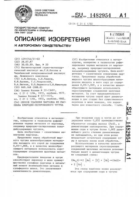 Способ удаления марганца из расплава природно-легированного чугуна (патент 1482954)