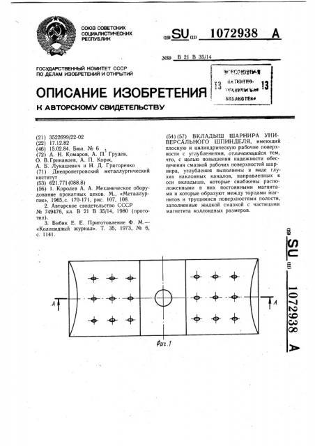 Вкладыш шарнира универсального шпинделя (патент 1072938)