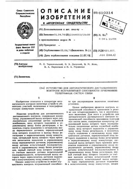 Устройство для автоматического дистанционного контроля исправляющей способности приемников телеграфных систем связи (патент 610314)