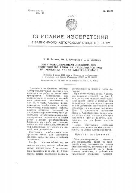 Электроизолирующая лестница для производства работ на находящейся под напряжением линии электропередачи (патент 79625)