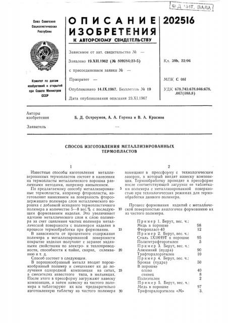 Способ изготовления металлизированных термопластов (патент 202516)