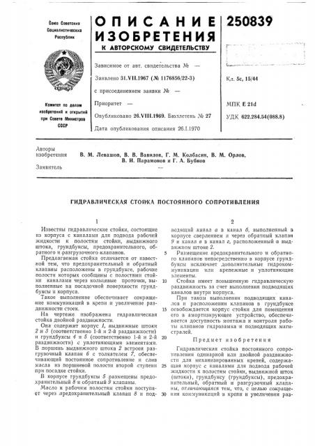 Гидравлическая стой'ка постоянного сопротивления (патент 250839)