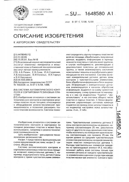 Система автоматического контроля и сортировки резиновых пластин (патент 1648580)