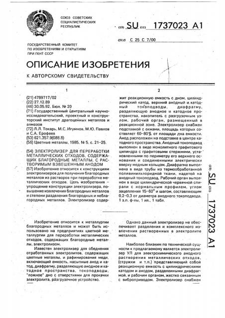 Электролизер для переработки металлических отходов, содержащих благородные металлы, с растворимым взвешенным анодом (патент 1737023)