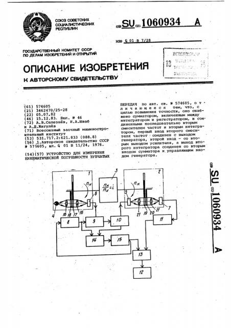 Устройство для измерения кинематической погрешности зубчатых передач (патент 1060934)