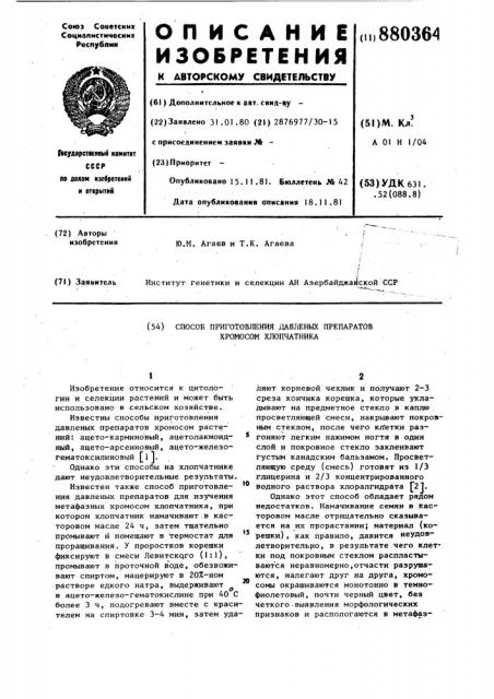 Способ приготовления давленых препаратов хромосом хлопчатника (патент 880364)