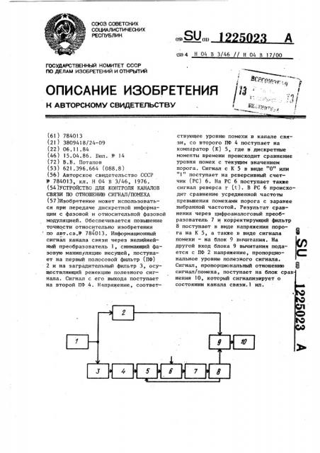 Устройство для контроля каналов связи по отношению сигнал/помеха (патент 1225023)