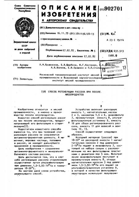 Способ регенерации рассола при посоле мясопродуктов (патент 902701)