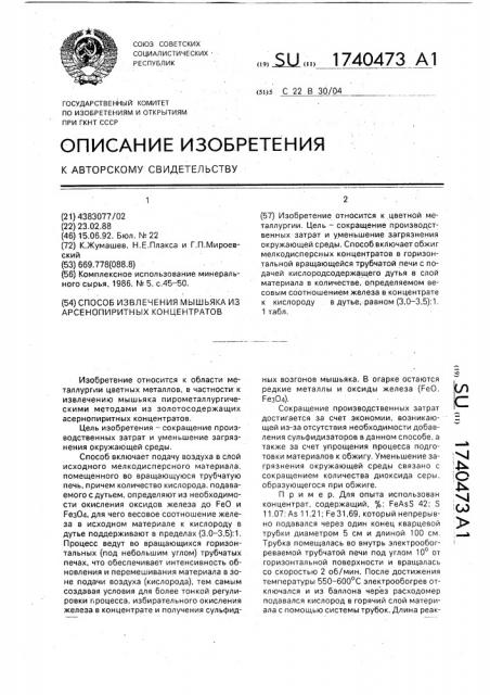 Способ извлечения мышьяка из арсенопиритных концентратов (патент 1740473)