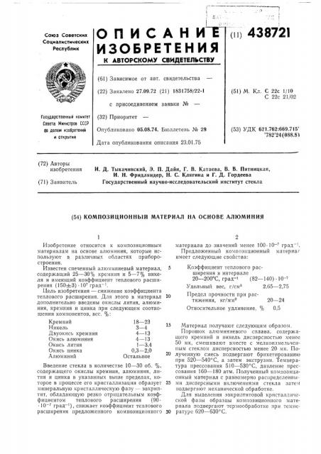 Композиционный материал на основе алюминия (патент 438721)