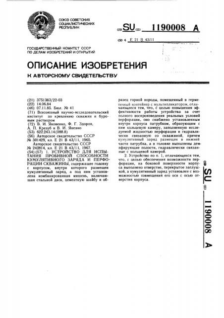 Устройство для испытания пробивной способности кумулятивного заряда и перфорации скважины (патент 1190008)