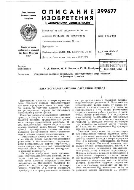 Электрогидравлический следящий привод (патент 299677)