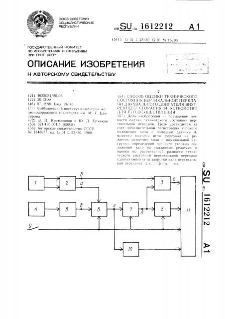 Способ оценки технического состояния вертикальной передачи двухвального двигателя внутреннего сгорания и устройство для его осуществления (патент 1612212)