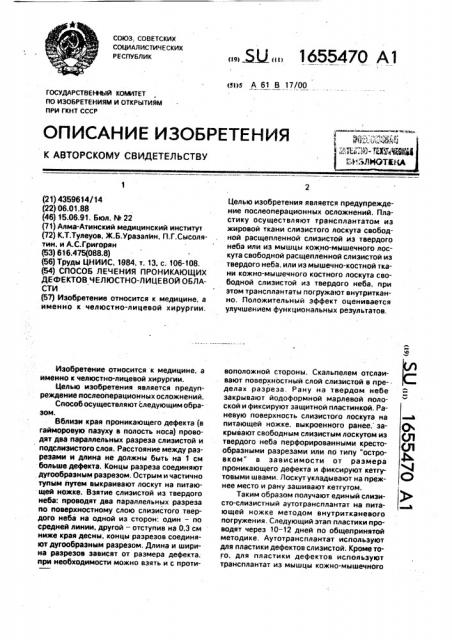 Способ лечения проникающих дефектов челюстно-лицевой области (патент 1655470)