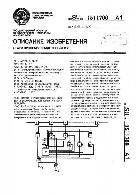 Способ определения потерь энергии в высоковольтной линии электропередачи (патент 1511700)