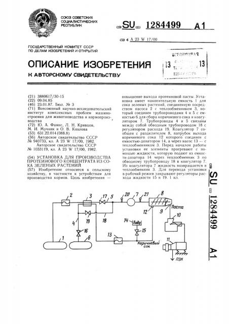 Установка для производства протеинового концентрата из сока зеленых растений (патент 1284499)