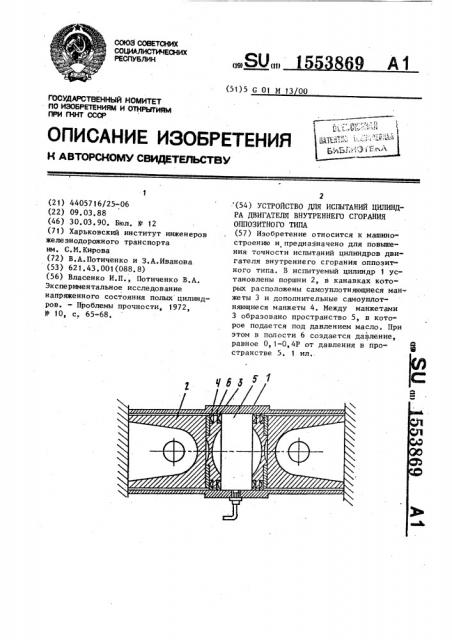 Устройство для испытаний цилиндра двигателя внутреннего сгорания оппозитного типа (патент 1553869)