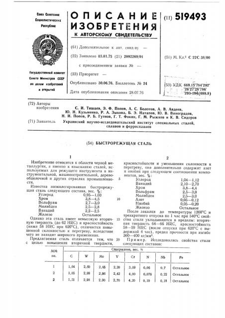 Быстрорежущая сталь (патент 519493)