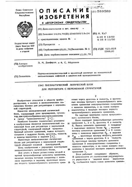 Пневматический логический блок для регулятора с переменной структурой (патент 589589)