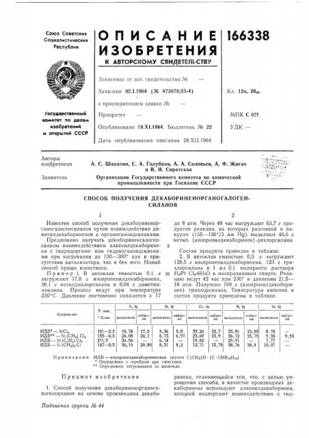 Способ получения декабориненорганогалоген-силапов (патент 166338)
