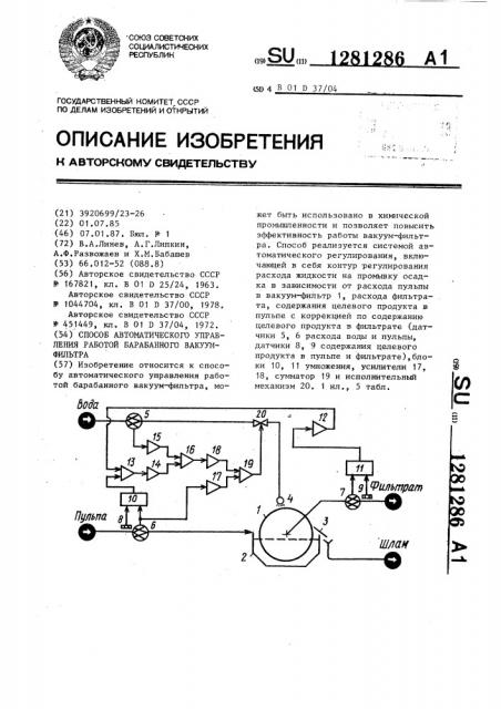 Способ автоматического управления работой барабанного вакуум-фильтра (патент 1281286)