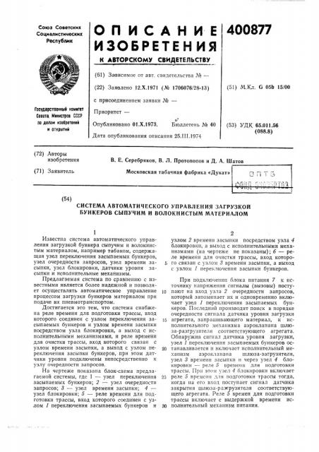 Система автоматического управления загрузкой бункеров сыпучим и волокнистым материалом (патент 400877)