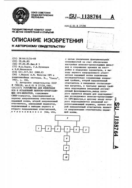 Устройство для измерения ксв и ослаблений полосно- пропускающих свч-фильтров (патент 1138764)