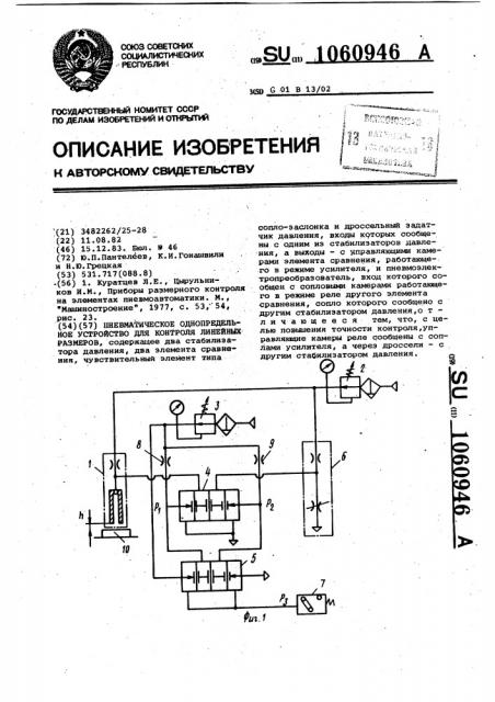 Пневматическое однопредельное устройство для контроля линейных размеров (патент 1060946)