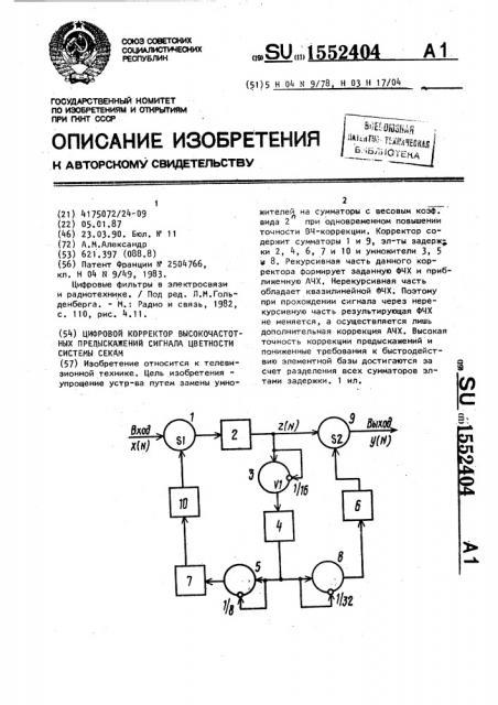Цифровой корректор высокочастотных предыскажений сигнала цветности системы секам (патент 1552404)