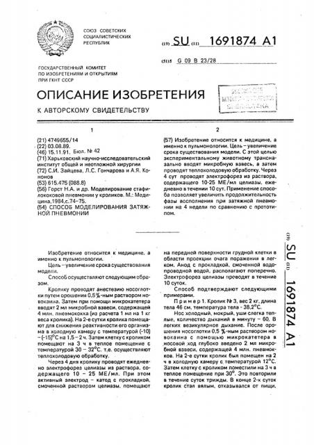 Способ моделирования затяжной пневмонии (патент 1691874)