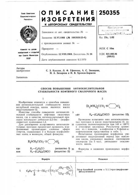 Способ повышения антиокислителбной стабилбности нефтяного смазочного масла (патент 250355)