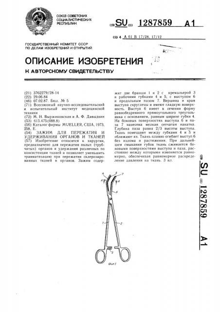 Зажим для пережатия и удерживания органов и тканей (патент 1287859)