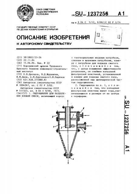 Гидроциклон для разделения иловой смеси (патент 1237256)