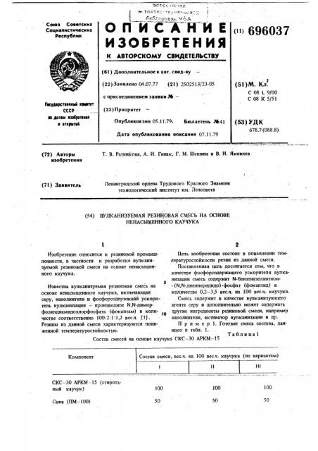 Вулканизуемая резиновая смесь на основе ненасыщенного каучука (патент 696037)