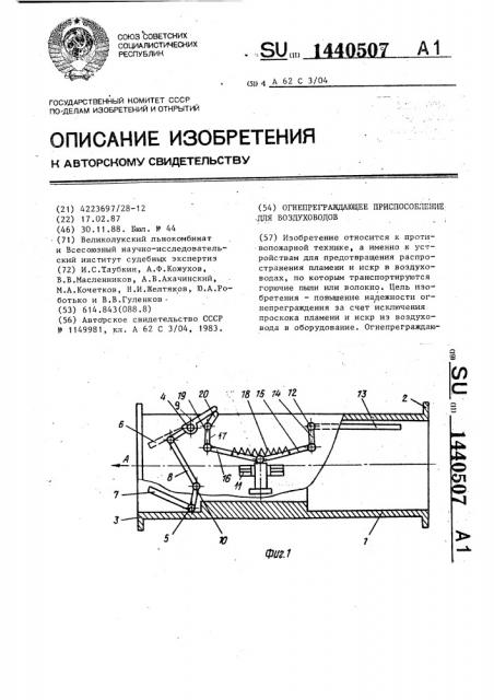 Огнепреграждающее приспособление для воздуховодов (патент 1440507)