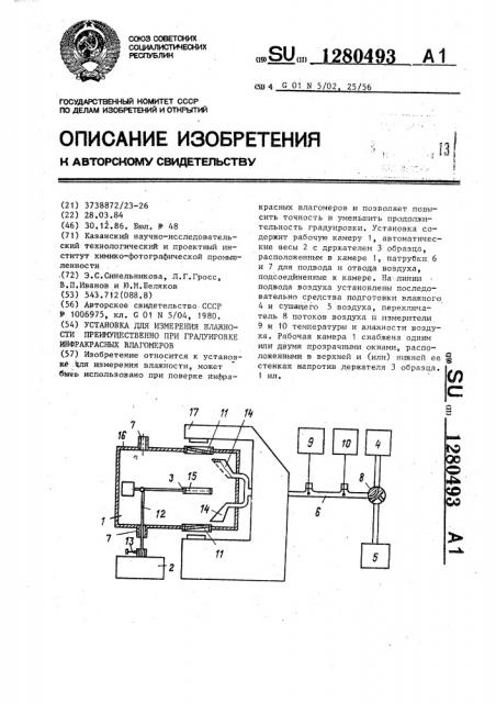 Установка для измерения влажности преимущественно при градуировке инфракрасных влагомеров (патент 1280493)