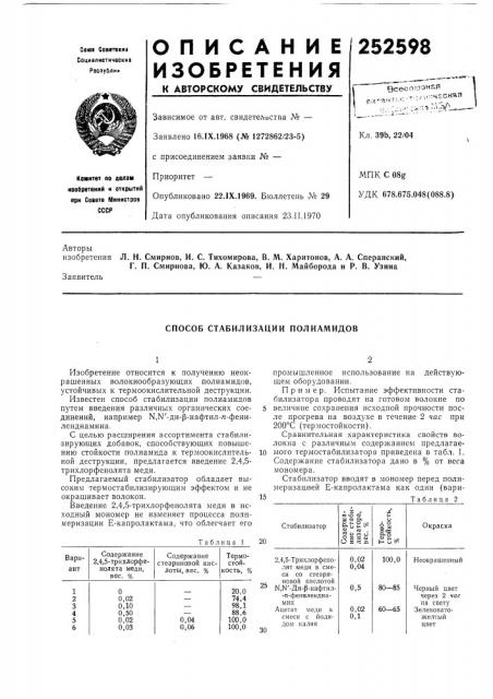 Способ стабилизации полиамидов (патент 252598)