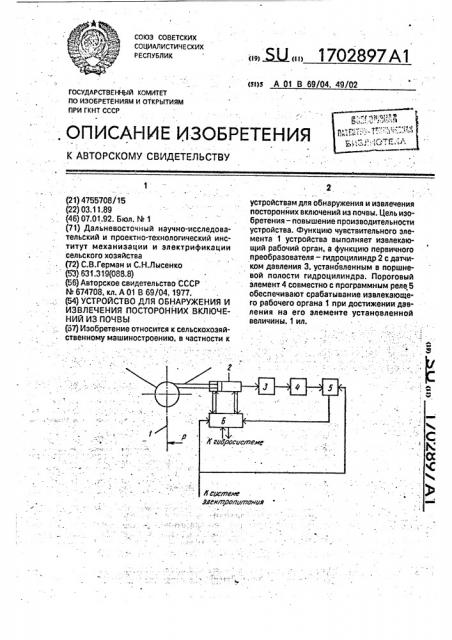 Устройство для обнаружения и извлечения посторонних включений из почвы (патент 1702897)