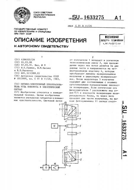 Оптико-электронный преобразователь угла поворота в электрический сигнал (патент 1633275)