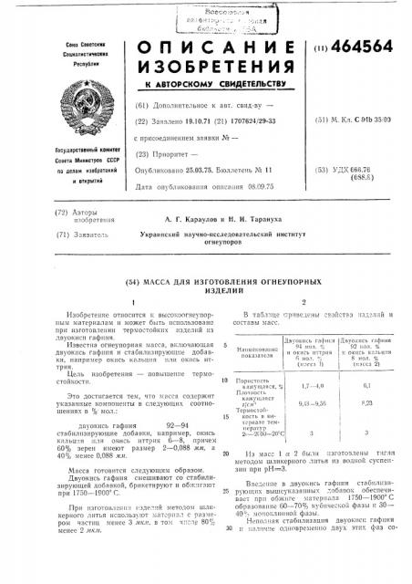 Масса для изготовления огнеупорных изделий (патент 464564)