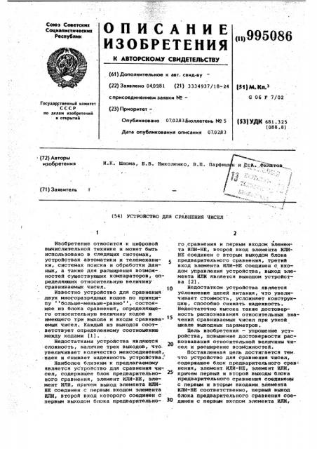 Устройство для сравнения чисел (патент 995086)
