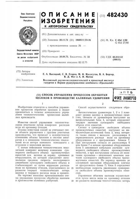 Способ управления процессом обработки щелоков в производстве калийных удобрений (патент 482430)