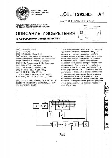 Устройство возбуждения сигналов ядерного магнитного резонанса в слабом магнитном поле (патент 1293595)