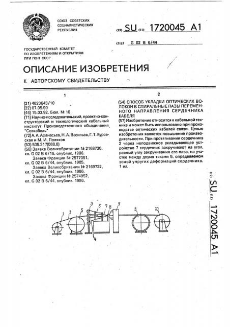 Способ укладки оптических волокон в спиральные пазы переменного направления сердечника кабеля (патент 1720045)