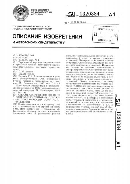 Способ сооружения скважин в соляно-ангидритовых отложениях, заключающих зону рапопроявлений (патент 1320384)