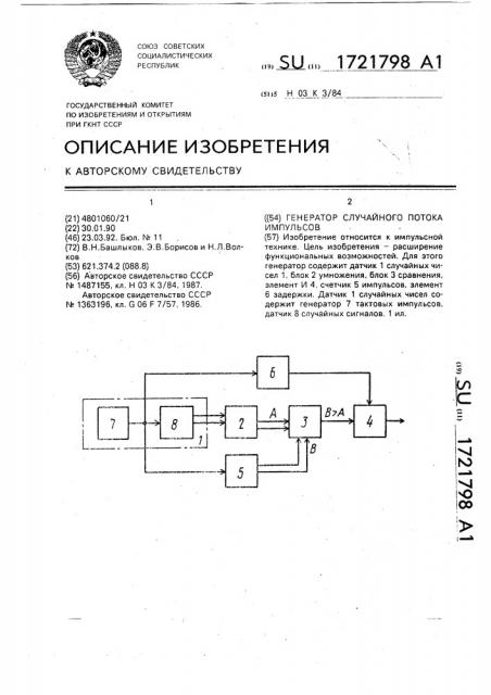 Генератор случайного потока импульсов (патент 1721798)