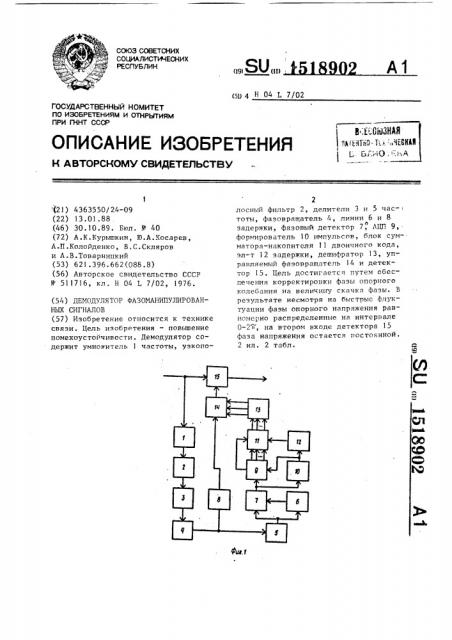 Демодулятор фазоманипулированных сигналов (патент 1518902)