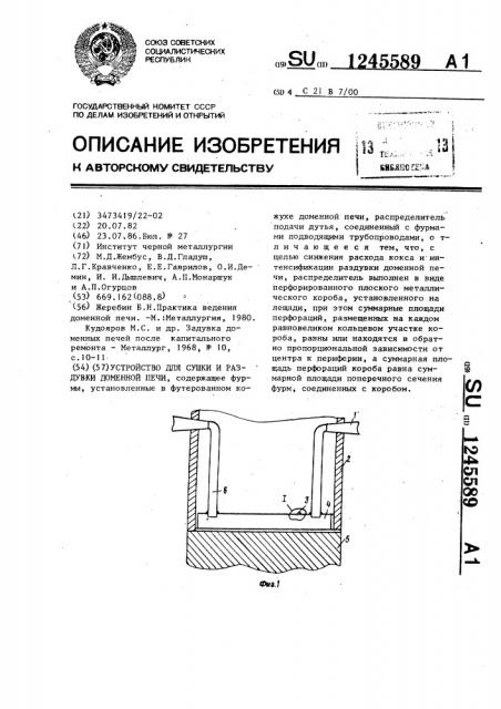 Устройство для сушки и раздувки доменной печи (патент 1245589)