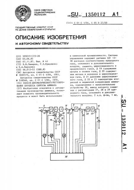 Способ автоматического регулирования процесса синтеза аммиака (патент 1350112)